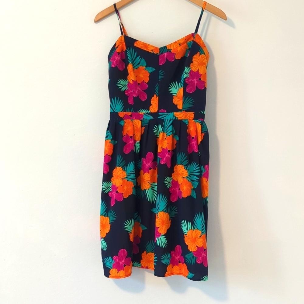 Gap Packable Hawaiian Summer Floral Navy Print Cami Midi Dress with Boning Sz 6